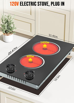 2 Burner Electric Cooktop 110V, 12 Inch Electric Cook Top Plug in, 2000W Electrics Stove with Knob Control, Countertop & Built-in Ceramic Stovetop, 9 Heating Level, Residual Heat Indicator