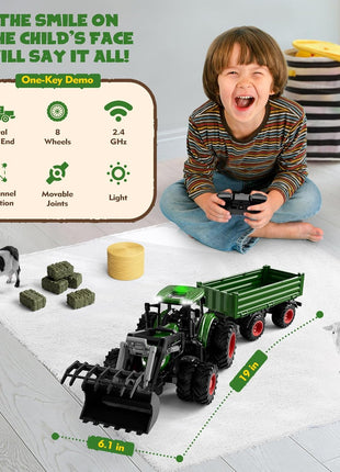 Uarzt Remote Control Tractor Toy with Trailer | Metal Front & Front Loader Farm Vehicle Set with Lights & 8-Wheel Design, RC Tractor Truck for Boys Ages 3-9, Fun Farm Toy Gift for Kids