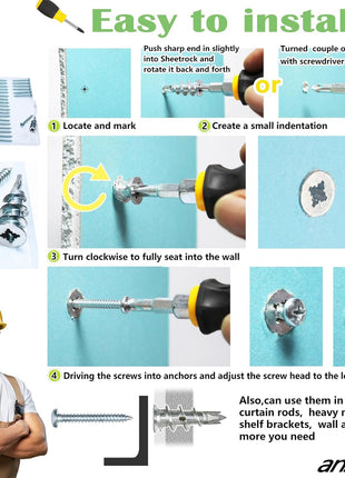 50Pcs Metal Self Drilling Drywall Anchors Heavy Duty with Screws Kit | 25 Heavy Duty Metal Wall Anchors for Drywall with 25 #8 x 1-1/4'' Screws ,No Pre Drill Hole Required, Holds Upto 75lbs