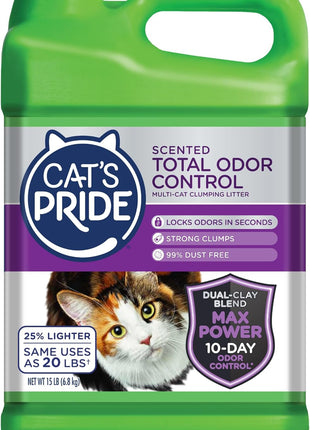 Cat's Pride Max Power: Total Odor Control - Up to 10 Days of Powerful Odor Control - Strong Clumping - Hypoallergenic - 99% Dust Free - Multi-Cat Litter, Unscented, 15 Pounds
