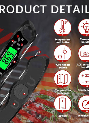 Meat Thermometer Digital,IP67 Waterproof Cooking Thermometer with Backlight, Calibration & Hold Function,Food Thermometer for Cooking,Outdoor Grilling