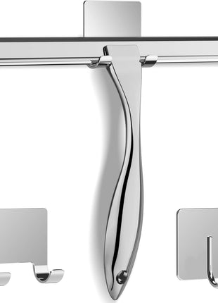 All-Purpose Stainless Steel Shower Squeegee for Shower Glass Door with 2 Adhesive Hooks, Bathroom Cleaner Tool Household Window Mirror Squeegee , Cleaning Tile Wall, Car, 10 Inch Silver