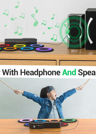 ROCKSOCKI Electric Drum Set, 7-Pad Kids Electronic Drum Set with Headphone Included, Roll-up Drum Practice Pad, Great Holiday Xmas Birthday Gift for Kids