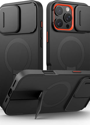 SURITCH for iPhone 16 Pro Max Case with Magnetic Camera Slide Cover and Adjustable Kickstand, Compatible with MagSafe, Shockproof Bumper Case Slim Protective Cover 6.9 Inch, Black