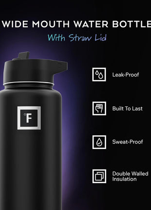 IRON °FLASK Camping & Hiking Hydration Flask with Straw, Wide Mouth Insulated Stainless Steel Sports Water Bottle - 32 oz Midnight Black