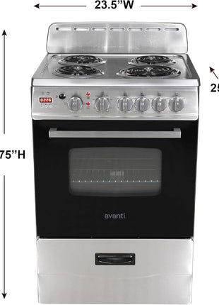 Avanti Compact Series Electric Range Oven with Framed Glass Door, 4 Coil Burners for Flexible Cooking, Pull-Out Storage Drawer, 2.6 Cu.Ft., in Stainless Steel