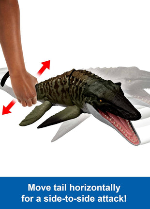 Mattel Jurassic World Rebirth Bite N Blast Mosasaurus & Mini Dinosaur | Wide Jawed Dinosaur Toy, Movie Accurate and Posable, Includes Mini Dilophosaurus, Digital Play Via Scannable App Code