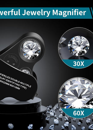 JARLINK 30X 60X Illuminated Jewelers Loupe Magnifier, Foldable Jewelry Magnifier with Bright LED Light for Gems, Jewelry, Coins, Stamps, etc