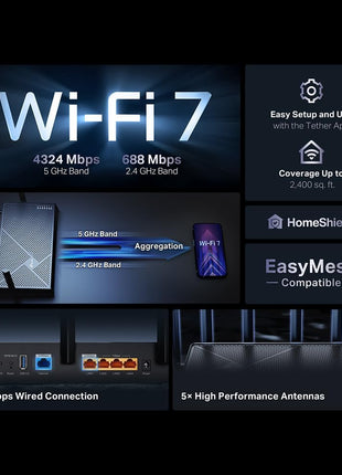 TP-Link Dual-Band BE5000 WiFi 7 Router Archer BE260 | 5-Stream 5Gbps | 1×2.5G WAN+1×2.5GLAN+3×1G Ports, USB 3.0 | 5 External Antennas | VPN Clients & Server | Easy-Mesh, HomeShield, MLO, Private IOT