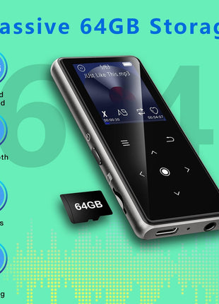 64GB MP3 Player with Bluetooth 5.2, AiMoonsa Music Player with Built-in HD Speaker, FM Radio, Voice Recorder, HiFi Sound, E-Book, Earphones Included