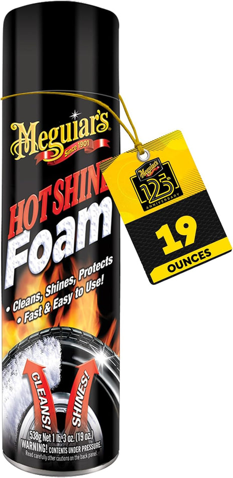 Meguiar's Hot Shine Tire Foam, High Gloss Tire Shine That Cleans, Shines, and Protects in One Step, Deep, Black Shine with Conditioners and UV Protection, Best Gifts for Car Lovers, 19 Oz Aerosol