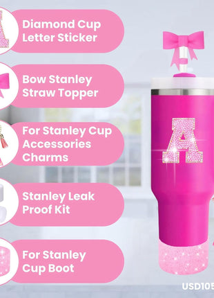 6PCS Pink Stanley Cup Accessories Set, Initials Decorations for Stanley Cup 30oz 40oz, Includes Bow Straw Topper, Handle Charm, Letter Sticker, Silicone Boot, Spill Proof Stopper (Letter A)