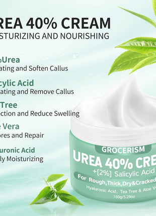 Grocerism Urea Cream 40 Percent for Feet with 2% Salicylic Acid 5.29 oz || Foot Cream and Hand Cream Maximum Strength for Dry, Rough, Callused Skin, Exfoliating Moisturizer for Heels, Elbows and Knees