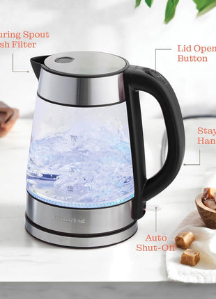Speed-Boil Electric Kettle For Coffee & Tea - 1.7L Water Boiler 1500W, Borosilicate Glass, Easy Clean Wide Opening, Auto Shut-Off, Cool Touch Handle, LED Light. 360° Rotation, Boil Dry Protection