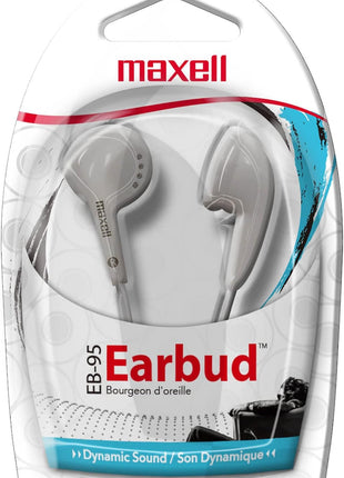 Maxell 190599 Dynamic Sound Wired Lightweight Extended Use Design Stereo Ear Bud - White (Value) | Dynamic sound stereo earbud for extended wear - lightweight value design, 3.5mm jack, made in China