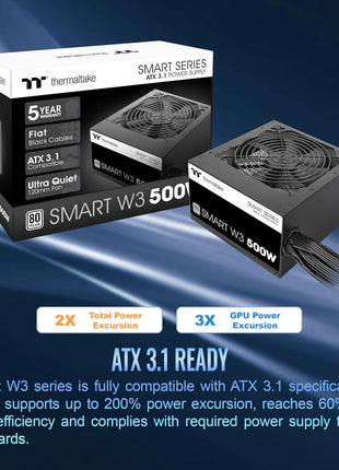 Smart W3 Series 80Plus Certified 500W Power Supply; ATX v3.1 Spec; 120mm FDB Fan; 5 Year Warranty; PS-SPW-0500NNFAWU-1