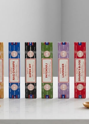 Satya Incense Gift Set Nag Champa, Super hit, Dragon's Blood, Sandalwood, Patchouli, Lavender, Positive Vibes, 15 g