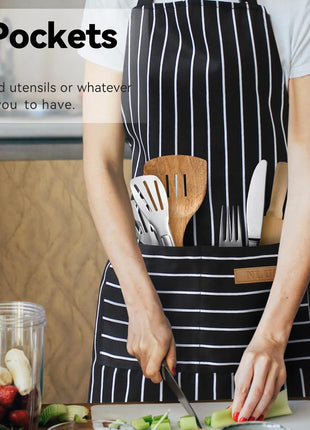 NLUS 2 Pack Kitchen Cooking Aprons, Adjustable Bib Soft Chef Apron with 2 Pockets for Men Women(Black/Brown Stripes)