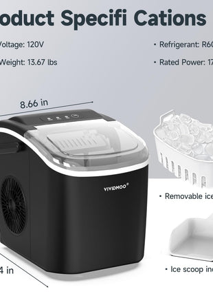 VIVIDMOO Nugget Ice Maker Countertop, 34lbs/Day, Portable Sonic Pebble Ice Maker with Self-Cleaning, Fast Ice in 6 Mins, Compact Crushed Pellet Ice Machine for Home/Office/Kitchen/RV/Camping, Black