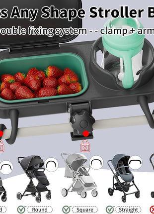 Universal Stroller Snack Tray, Cup Holder & Removable Silicone Tray | Stable Dual-Lock, No-Slip Silicone Arms, Dishwasher Safe, Fits Uppababy/Nuna/Mockingbird, Secure Grip for 0.4"-1.5" Bars