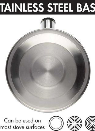 Primula Stewart Whistling Tea Kettle for Stovetop, Stainless Steel Stove Top Kettle with Fast Boil Whistling Spout and Cool Touch Folding Handle, 1.5-Quart, Brushed Silver with Black Handle