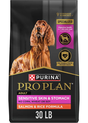Purina Pro Plan Sensitive Skin and Stomach Dog Food Dry, Adult Salmon & Rice Formula, Digestive Health - 30 lb. Bag