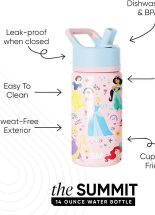 Simple Modern Kids Summit Water Bottle with Straw Lid | Disney Princess 14oz Stainless Steel Cup Insulated Tumbler for Girls, School | Princess Rainbows