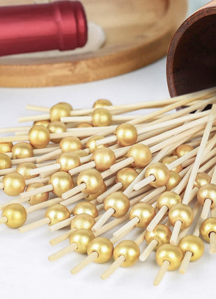 200PCS Cocktail Picks, Fancy Toothpicks for Appetizers, Decorative Bamboo Skewers for Appetizers Drinks Fruit, 4.7 Inch Long Wooden Gold Pearl Food Sticks Charcuterie Boards Accessories Party Supplies