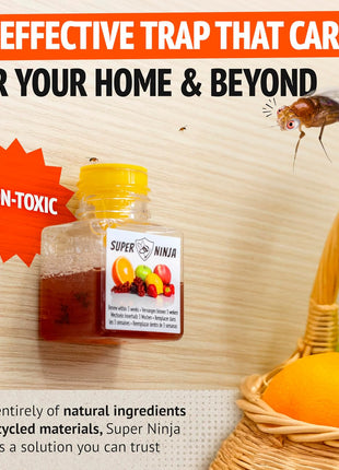 Super Ninja Fruit Fly Traps for Indoors - 4 Pack, Highly Effective Fruit Fly Catcher for Indoor Use for Home & Kitchen, Up to 3 Weeks of Performance per Bottle, Kid & Pet Friendly