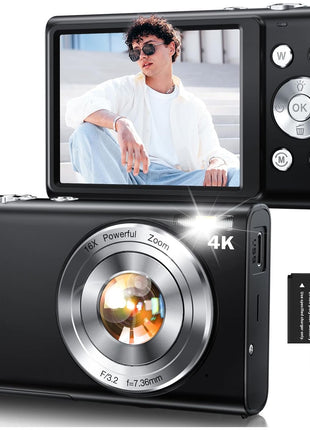Digital Camera,Autofocus 4K Vlogging Camera for Photography with 32GB Card,48MP Portable Compact Point and Shoot Digital Camera for Teens Adult Beginner with 16X Zoom,Anti-Shake,2 Batteries(Black)