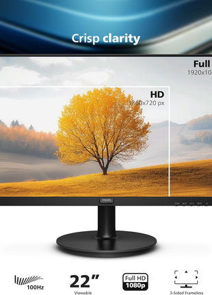 Philips 22 Inch Computer Monitor FHD 100Hz VA VESA Flicker-Free, 221V8LB | 1920×1080 LED Monitor, 4ms GtG, Adaptive Sync, HDMI 1.4, Tilt Adjust, Low Blue Light, 4yr Advance Replacement Warranty