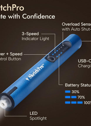 SketchPro Cordless Engraving Pen with LED Light – 3-Speed Precision Etching Tool for Wood, Metal, Glass & Plastic – USB-C Rechargeable, 26 Accessories – Ideal for DIY, Jewelry & Craft Projects
