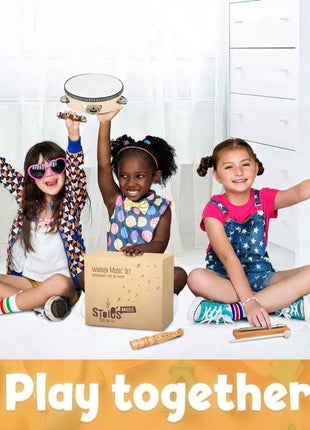 Stoie's Wooden Toddler Musical Instruments with Drum, Hand Bells, Flute, Maracas, Castanet, Tamburine, for Babies and Kids, Eco Friendly Montessori Educational Toy