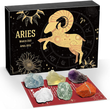Aries Crystals Gift Set, Zodiac Signs Healing Crystals Birthstones with Horoscope Box Set Aries Astrology Crystals Healing Stones Gifts