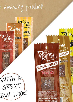 Primal Spirit Vegan Jerky - Most Popular Flavors Pack, 10 g. Plant Based Protein, ( inchThe Classics inch 3 Teriyaki, 3 Hickory Smoked, 3 Texas BBQ, 1 Thai Peanut, 1 Hot & Spicy, 1 Mesquite Lime, 12-Pack, 1 o