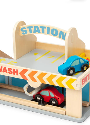 Melissa & Doug Service Station Parking Garage with 2 Wooden Cars and Drive-Thru Car Wash