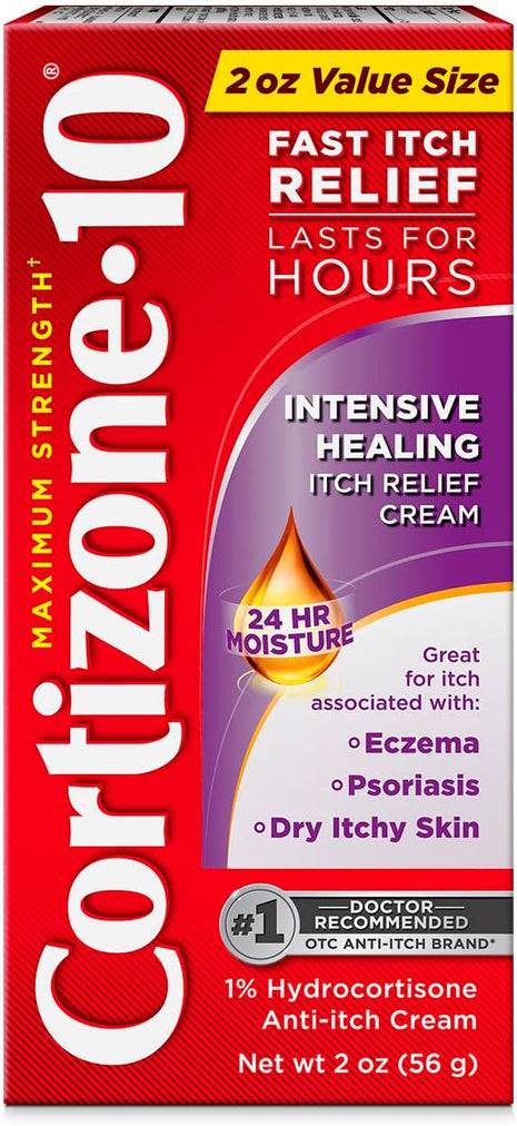 Cortizone 10 Maximum Strength Intensive Healing Itch Relief Cream, 1% Hydrocortisone, Fast Acting, Anti Itch Cream for Bug Bites, Rash, Eczema, Psoriasis, Poison Ivy, Oak, Sumac & More, 2 oz