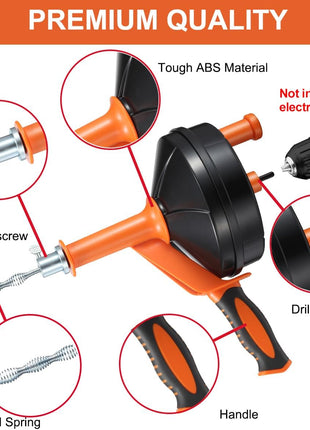 Drain Auger, Clog Remover with Drill Adapter, 25 Feet Flexible Plumbing Snake Use Manually or Powered for Kitchen, Bathroom and Shower Sink, Comes with Gloves (orange)