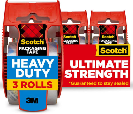 Scotch Heavy Duty Shipping Packing Tape, Clear, Shipping and Packaging Supplies, 1.88 in. x 22.2 yd., 3 Tape Rolls with Dispensers