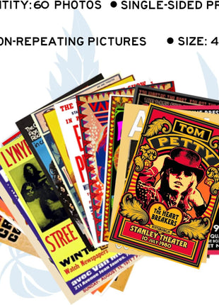WOONKIT 60 PC Vintage Rock Band Posters, 70s 80s 90s Retro Concert Prints, Bedroom Wall Art, Album Cover Collage, 4x6 Inch (Set of 60)