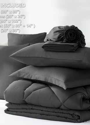 CozyLux Queen Comforter Set Dark Grey   Bed in a Bag Queen Size 7 Pieces, Luxury Soft Bed Set for All Seasons, Bedding Set with Down Alternative Comforter, Sheets, Pillowcases & Shams