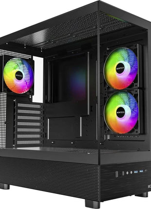 MONTECH XR Panoramic High Airflow ATX PC Case, 3 ARGB PWM Fans, Black | 420mm GPU Support, 360mm Radiator, Dual Tempered Glass, USB-C, Reverse Blade Fans, Magnetic Dust Filters, Up to 9 Fans