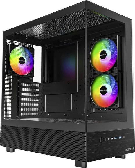 MONTECH XR Panoramic High Airflow ATX PC Case, 3 ARGB PWM Fans, Black | 420mm GPU Support, 360mm Radiator, Dual Tempered Glass, USB-C, Reverse Blade Fans, Magnetic Dust Filters, Up to 9 Fans