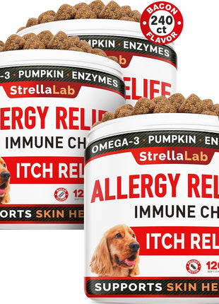 StrellaLab Dog Allergy Relief for Dogs Bundle - Itchy Skin Treatment with Omega3 & Pumpkin, Itching and Licking, Itch Relief Chew, Allergy Supplement, Anti Itch Support - 360ct - Bacon + Peanut Butter