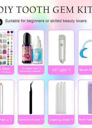 CiikDux DIY Tooth Jewelry Kit - 770 Crystals, 12 Shapes Bedazzle Gems, Teeth Jewelry Starter Set