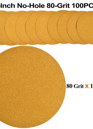 Aiyard 6-Inch No-Hole Hook and Loop Sanding Discs 80-Grit, Random Orbital Sandpaper for Automotive and Woodworking, 100-Pack