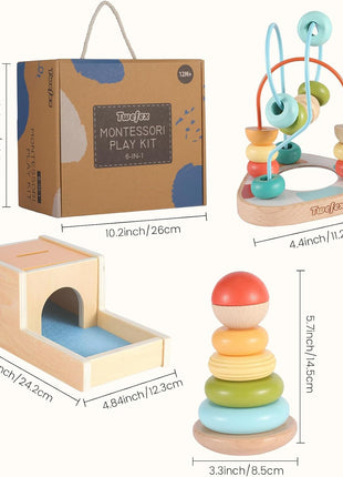 Wooden Montessori Learning Toys Kit,Babies Toys Set for 1 Year Old, Sensory and Thinking Play kit for Toddlers (Boys and Girls). 4 in 1 Drop Box; Rocking Stacker; Bead Maze.