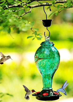 LUJII Hummingbird Feeder, Hand Blown Glass Hummingbird Feeder, Never Fade, 36 Fluid Ounces, 5 Feeding Metal Stations, Much Bigger, Garden Backyard Decorative, Containing Ant Moat (Blue)