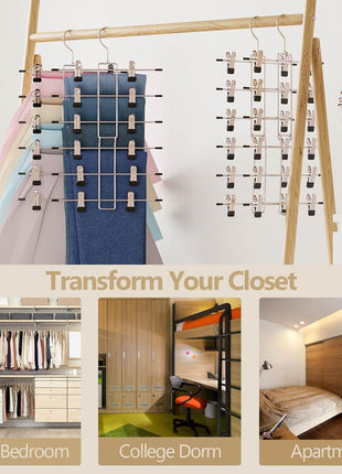 Pants Hangers with Clips,Space Saving Hanging Closet Organizer-6 Tiers Skirt Hangers with 360° Swivel Hook,Closet Organizer-Clothes Hangers- College Dorm Essentials Apartment Essentials-2 Pack