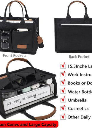 Tote Bag for Women With Compartments and Pockets,Black Large Canvas Tote Women's Purse Crossbody Bags Work Laptop Book Bag Top Handle Satchels Handbags Shoulder Bag for Travel Teacher Nurse Gym Beach